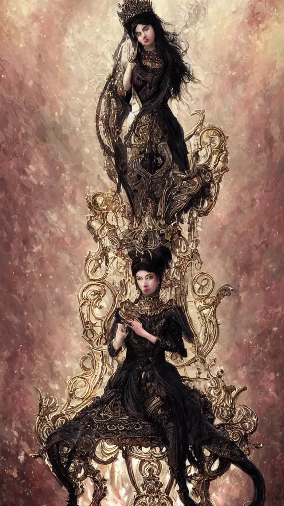 Image similar to painting of a beautiful black haired woman with pale skin and a crown on her head sitted on an intricate metal throne, illustration, artistic, colorful, hyper detailed, in the style of greg rutkowski,