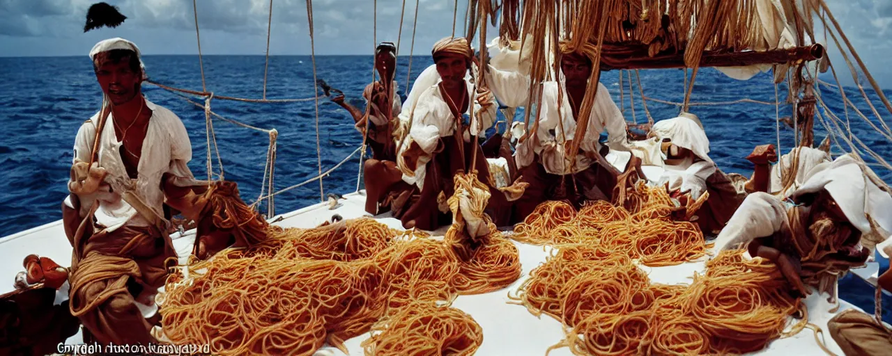 Image similar to pirates holding up spaghetti treasure, aboard a sailboat, caribbean, 1 7 0 0 s, canon 2 0 mm, photograph, kodachrome