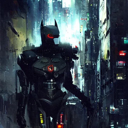 Image similar to cyberpunk robot batman painted by jeremy mann