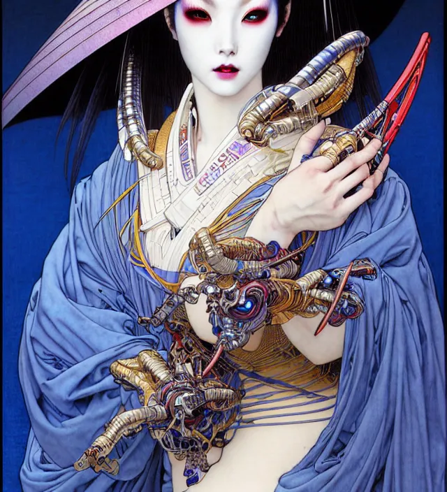 Prompt: realistic detailed face portrait of a beautiful futuristic ukiyo geisha with pale skin, blue lips in alien cyberpunk armor by, ayami kojima, amano, greg hildebrandt, alphonse mucha, moebius, and mark brooks, female, feminine, art nouveau, cyberpunk, neo - gothic, gothic, character concept design