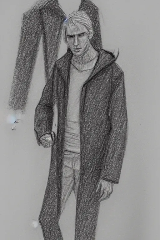 Image similar to a drawn man standing in the rain in a jacket. pencil sketch.