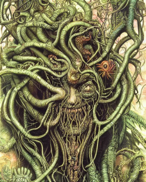 Prompt: highly detailed rendering of a smiling medusa in a primordial jungle cavern 8 k by ernst haeckel and hr giger and greg rutkowski