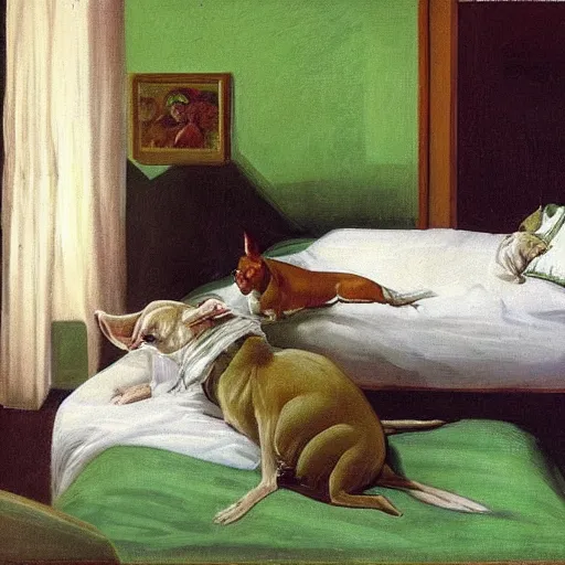 Prompt: white bed with green bedsheets in a room with light green walls, two women try to sleep while an anxious chihuahua looms above them, detailed oil painting