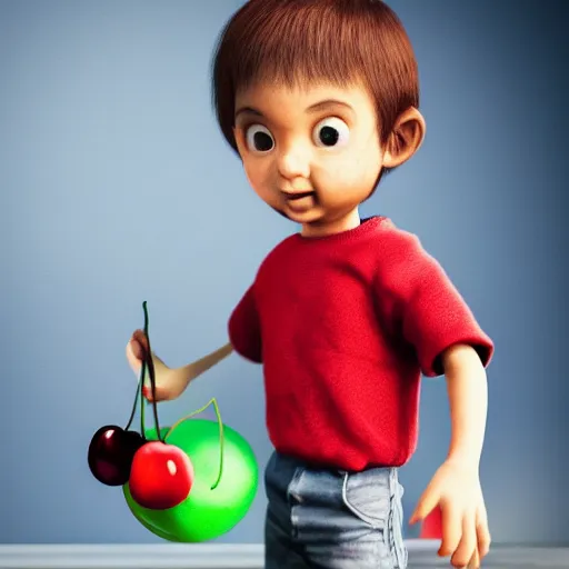 Prompt: close - up of a tiny!!! boy standing on a plate!!! and carrying a ( beachball - sized ) cherry in his arms, ultra realistic, highly detailed, sharp focus, cinematic lighting, mood lighting, realistic, vivid colors, photorealistic, artstation