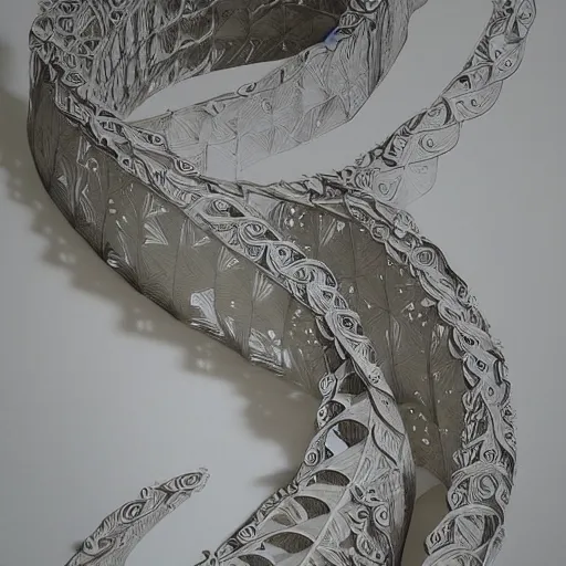 Image similar to a hyper real ultra detailed intricate concept art of interlaced ribbons of light spiralling up into the sky, made out of paper, paper craft, handmade