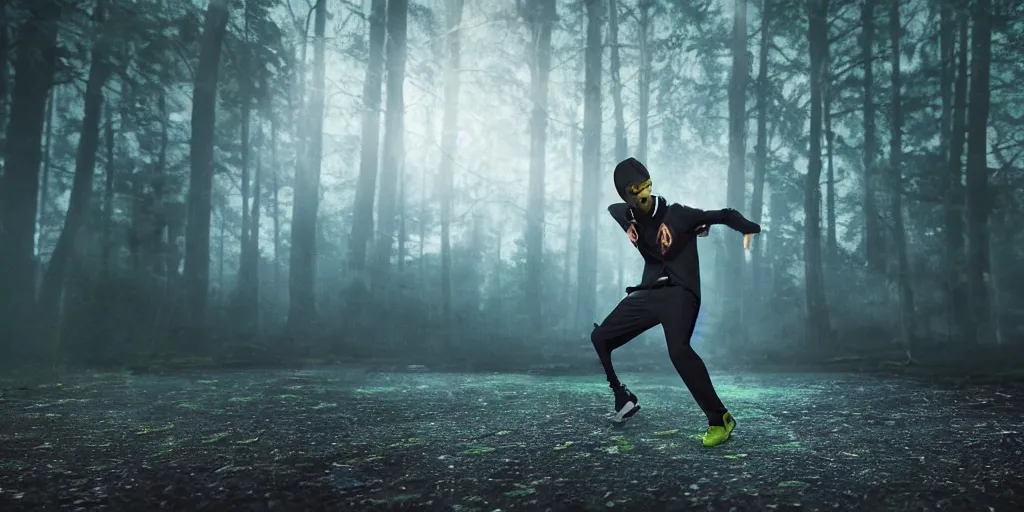 Image similar to slow motion film still of futuristic break dancer wearing dark suit with neon lights, long exposure shot , at night in the middle of a rainy forest, rim lights, glossy reflections, octane render, detailed and soft