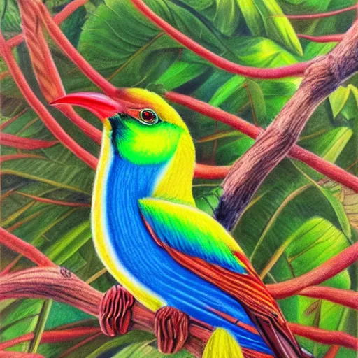 Prompt: Colored pencil art on paper, Tropical Bird, highly detailed, artstation, MasterPiece, Award-Winning, Caran d'Ache Luminance