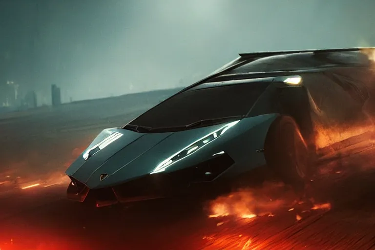 Image similar to A cinematic film still of a Lamborghini in the movie Blade Runner: 2049.