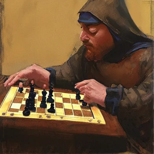 Prompt: portrait of man in medieval clothes playing chess, detailed by greg manchess, craig mullins, bernie fuchs, walter everett