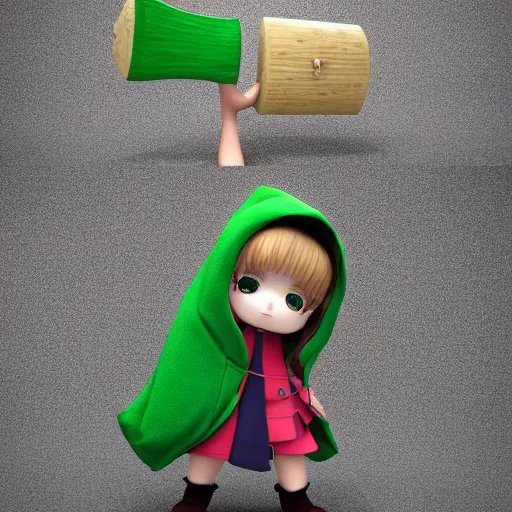 Prompt: cute fumo plush of a girl in a green hoodie with a giant hammer, vray