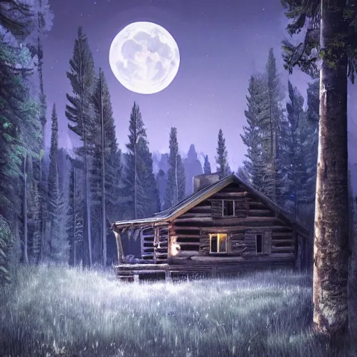 Image similar to lone cabin in the rocky mountains, by ismail inceoglu, eerie haunted cabin, in the woods, pine trees, full moon, illuminated by moonlight, detailed, digital illustration, brushstrokes, 4 k