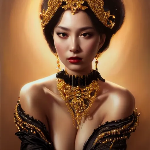 Prompt: expressive oil painting, of alluring european princess, seductive look, smooth glowing skin, glistening body, love, adoration, ornate headpiece made from beads, black choker, black earrings, glamour shot, by yoshitaka amano, by greg rutkowski, by jeremyg lipkinng, by artgerm, digital art, octane render,