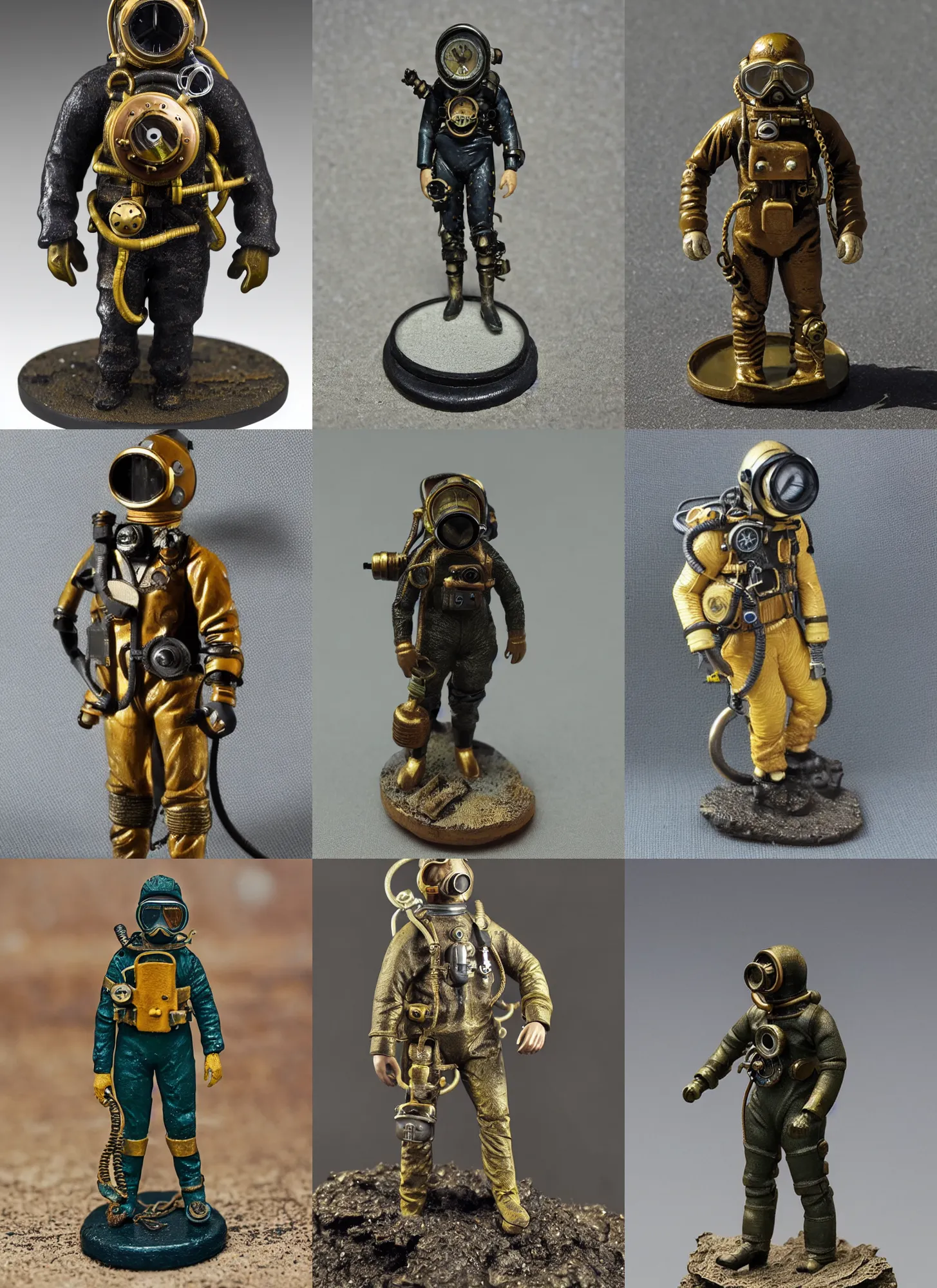 Image similar to 80mm resin detailed miniature of a Diver, diving suit, steampunk, helmet, boots, symbol, textured base; Miniature Product Photos, 4K, view from front
