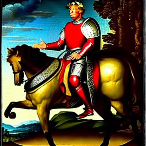 Image similar to full - body - front - shot, donald trump wearing knight'armor, crown, renaissance painting of a knight,