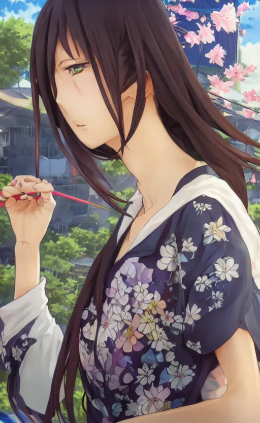 Image similar to anime style, side portrait, a girl walking, summer festival in background, yukata clothing, battlefield in background, hair down, symmetrical facial features, real faces, from arknights, hyper realistic, 4 k, extreme detail, trending artstation, safebooru, realistic lighting, by alphonse mucha, greg rutkowski, sharp focus