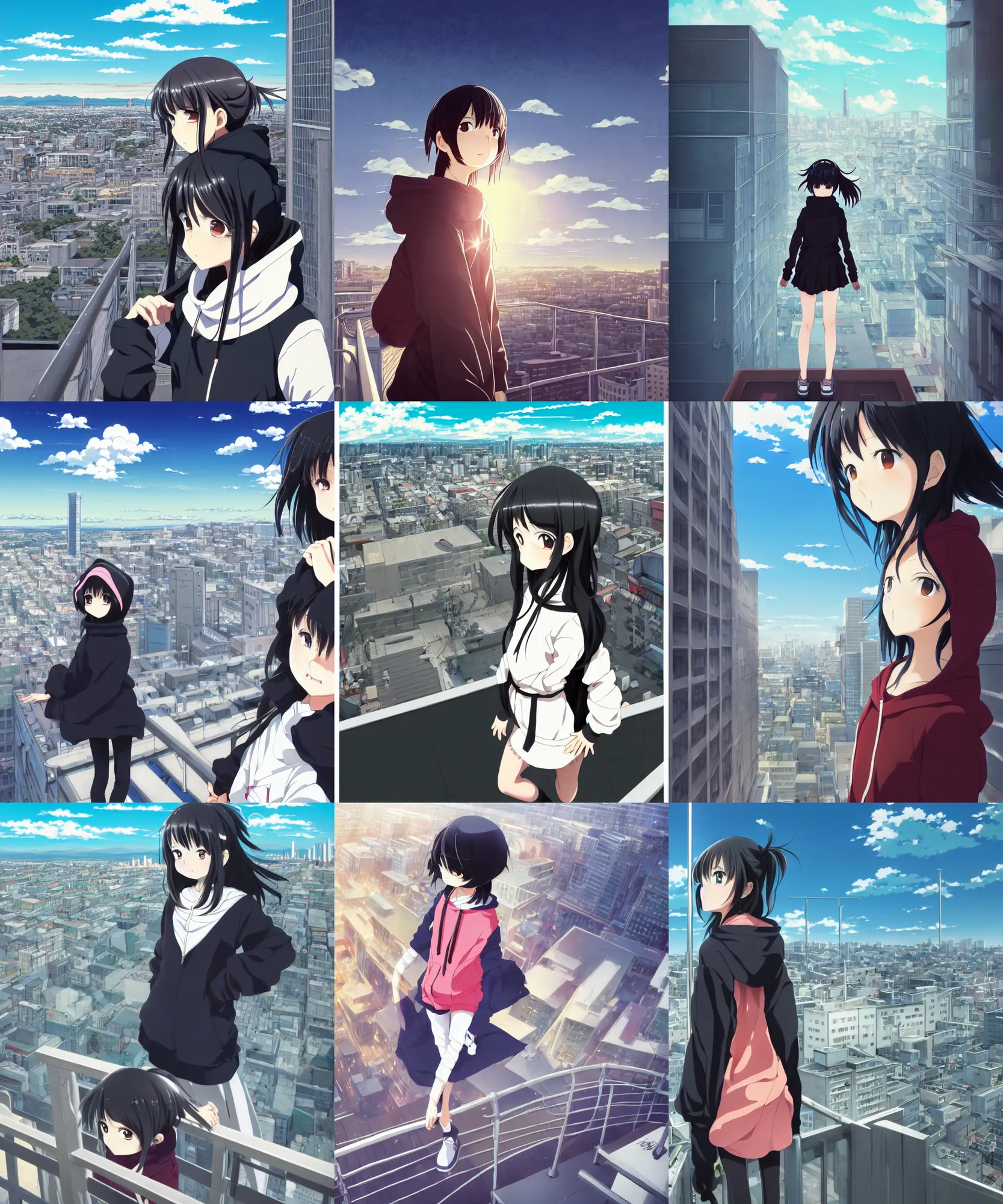 Prompt: anime visual, portrait of a young black haired girl wearing hoodie sightseeing above the urban city, school rooftop guardrail, cute face by yoh yoshinari, katsura masakazu, dramatic lighting, dynamic pose, dynamic perspective, strong silhouette, ilya kuvshinov, anime cels, 1 8 mm lens, rounded eyes, moody, detailed