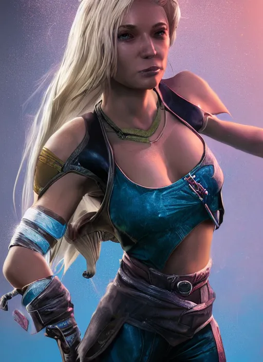 Prompt: An epic fantasy comic book style portrait painting of an athletic female thief with blonde hair dancing, unreal 5, DAZ, hyperrealistic, octane render, cosplay, RPG portrait, dynamic lighting, high detail