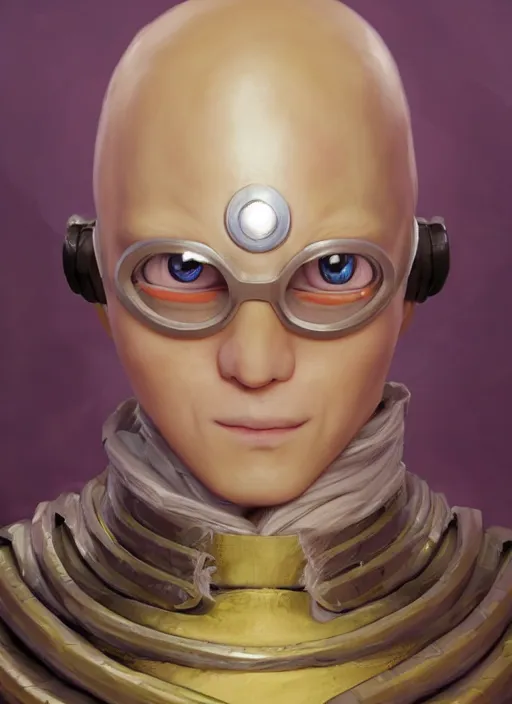 Image similar to fantasy portrait of saitama as minion from despicable me, au naturel, hyper detailed, digital art, trending in artstation, cinematic lighting, studio quality, smooth render, unreal engine 5 rendered, octane rendered, art style by klimt and nixeu and ian sprigger and wlop and krenz cushart and kim jung gi and greg rutkowski