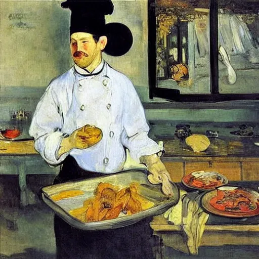 Image similar to a chicken chef in the kitchen, Edouard Manet, painting, funny,