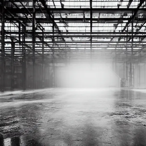 Prompt: factory, interior, rainstorm