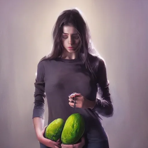 Prompt: ennie award winner lauren walsh lovingly cradling an avacado, fullbody, ultra high detailed, oil painting, greg rutkowski, charlie bowater, yuumei, yanjun cheng, lauren walsh, unreal 5, daz, hyperrealistic, octane render, rpg portrait, dynamic lighting, fantasy art, beautiful face