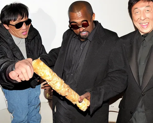 Image similar to Kayne West and Jackie Chan smoking one giant two foot joint, By Rainer Hosch