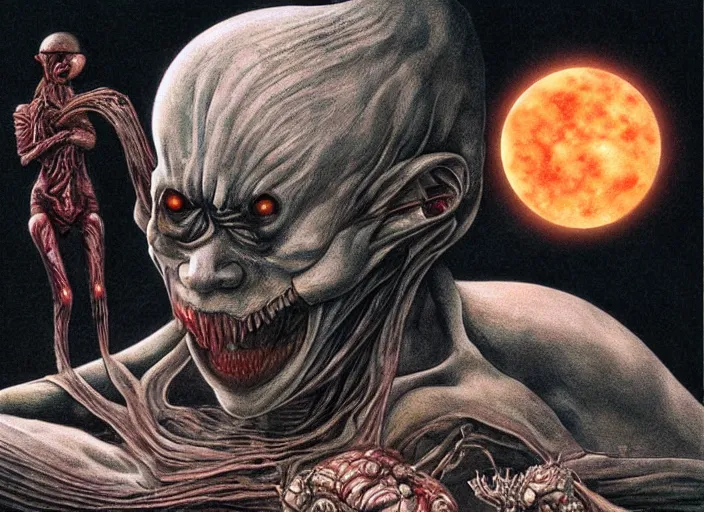 Prompt: griffith holding behelit during the eclipse from berserk, creepy, melting, since, horror, art by wayne barlowe, giger, artgerm