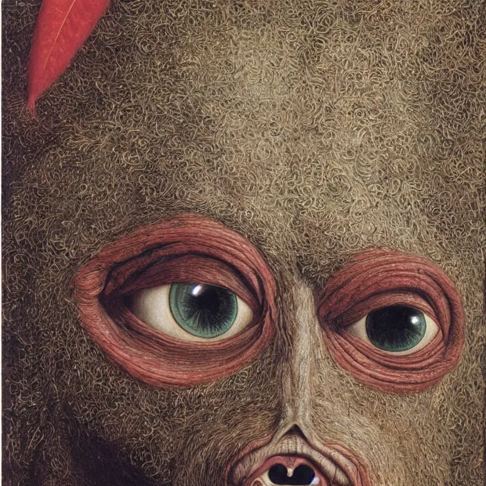 Prompt: close up portrait of a mutant monster creature with crystal eyes, small open pinky lips, fractal long eyelashes, cloth, needles. jan van eyck, walton ford