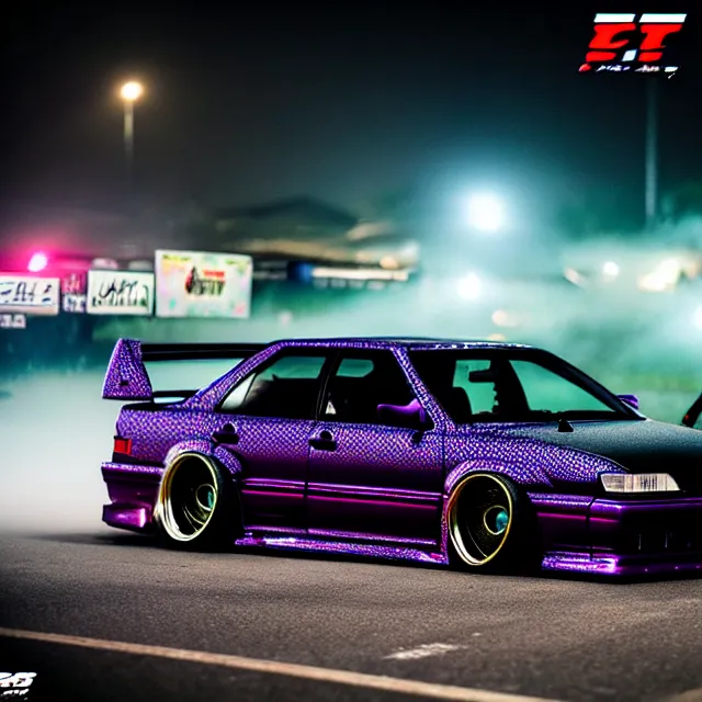 Image similar to a car JZX100 twin turbo drift at illegal car meet, Tochigi prefecture, city midnight mist lights, cinematic lighting, photorealistic, highly detailed wheels, high detail