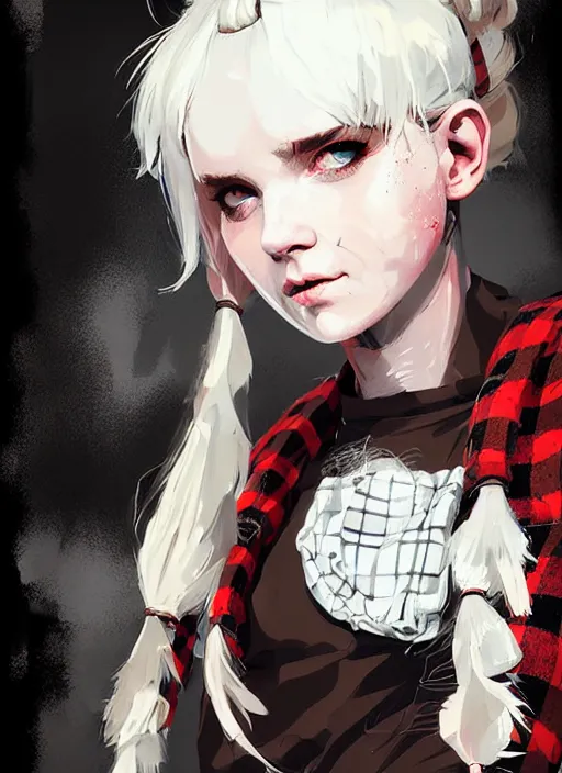 Prompt: highly detailed closeup portrait of a sewer punk pretty swedish female road warrior student, tartan garment, blonde hair pigtails with headband by atey ghailan, by greg rutkowski, by greg tocchini, by james gilleard, by joe fenton, by kaethe butcher, gradient red, black, brown and white color scheme, grunge aesthetic!!! white graffiti tag wall background