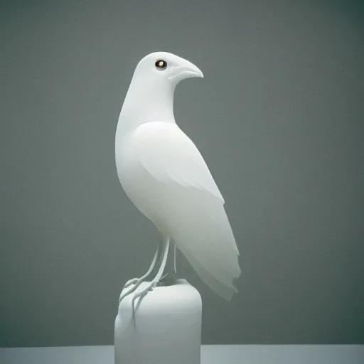 Prompt: a very cool translucent crow made by stones exhibited in a room covered by white silk, mamiya, kodak portra, film grain, professional photoshoot