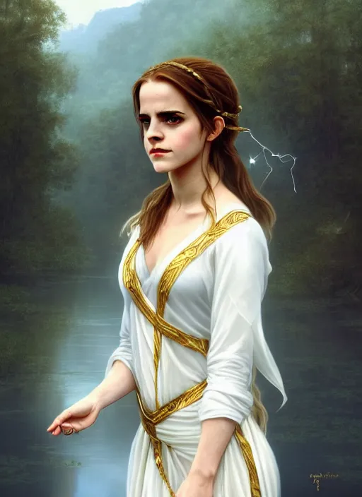 Image similar to emma watson as magic healer goddess, long hair, white and gold cloth, lake in the forest, D&D, shiny background, intricate, elegant, highly detailed, digital painting, artstation, concept art, smooth, sharp focus, illustration, artgerm, bouguereau