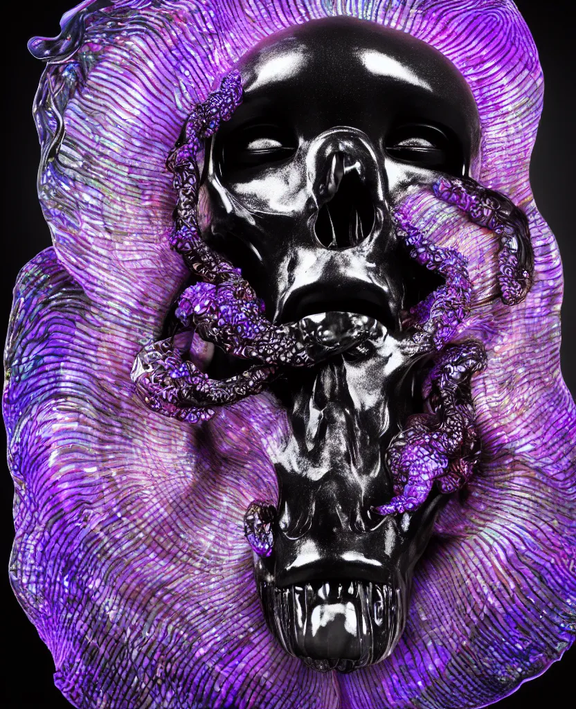 Image similar to fully black background. background hex 000000. goddess princess face close-up portrait ram skull. made of dichroic obsidian. jellyfish phoenix head, nautilus, orchid, skull, betta fish, bioluminiscent creatures, intricate artwork by Tooth Wu and wlop and beeple. octane render, trending on artstation, greg rutkowski very coherent symmetrical artwork. cinematic, hyper realism, high detail, octane render, 8k