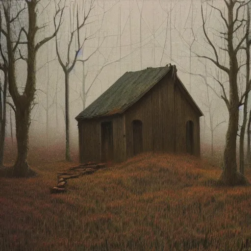Image similar to a painting of a eerie cabin in the middle of the woods in the style of beksinski