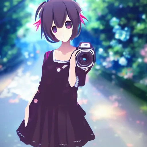 Image similar to cute anime girl looking around a corner with a camera, cute, sweet, anime style, detailed, god rays, 4 k