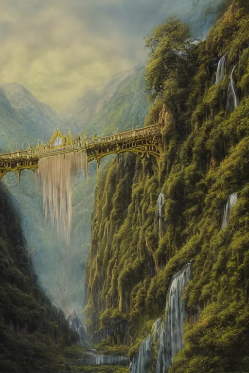 Image similar to beautiful detailed matte painting of Rivendell at the gorge, evening, Alan Lee, Artstation