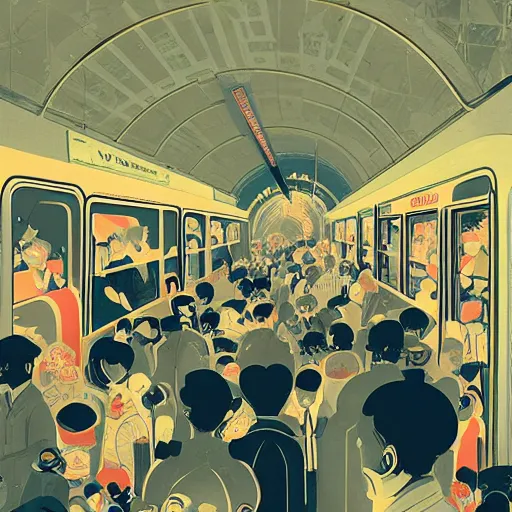 Image similar to parisian subway life, illustration by victo ngai, studio muti, malika favre