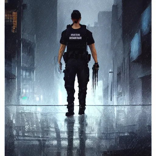 Image similar to A man wearing Reindeelusion Steven Cargo pants and Nike Tech fleece Shirt and Nike Acronym presto sneakers, Police sirens shining in far background, high quality, digital art, dirty cyberpunk city, rain, greg rutkowski