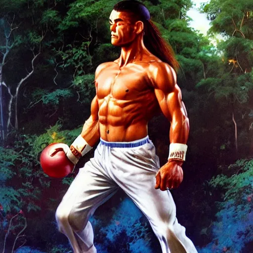 Image similar to ultra realistic forest gump as ryu from street fighter, painting by frank frazetta, 4 k, ultra realistic, highly detailed,