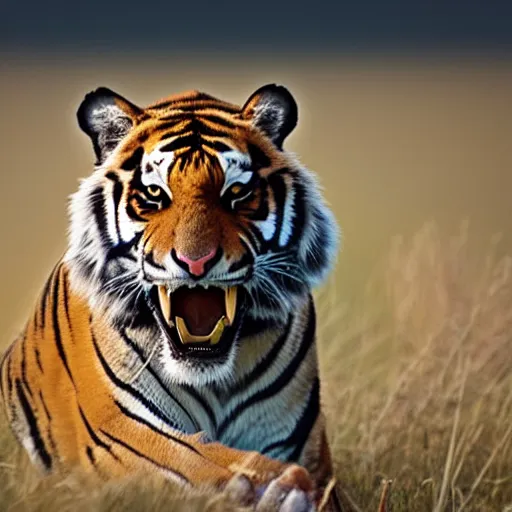 Image similar to sabre toothed tiger photographed on the plains, high quality shot, national geographic, 8 k photo