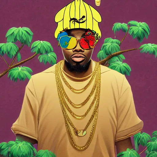 Image similar to parrots wearing golden rings and necklaces, with rap cap on head, rapping and sitting on golden trees, rap scene, musical concert concept art, trending on artstation, highly detailed, digital art, 8 k