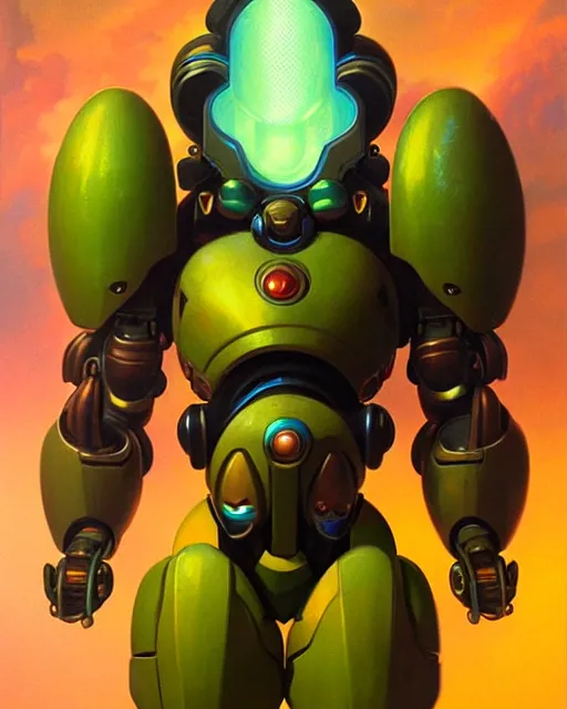 Image similar to orisa from overwatch, character portrait, portrait, close up, vintage fantasy art, vintage sci - fi art, radiant light, caustics, by boris vallejo