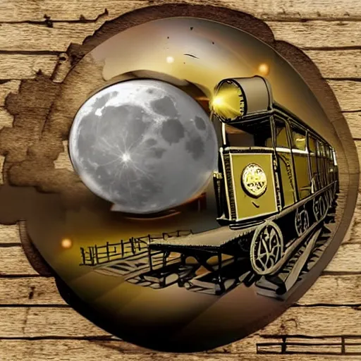 Image similar to steampunk train flying towards the moon