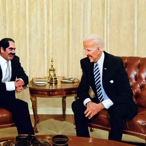 Image similar to joe biden sitting with saddam hussein they are both drinking tea photorealistic professional photograph