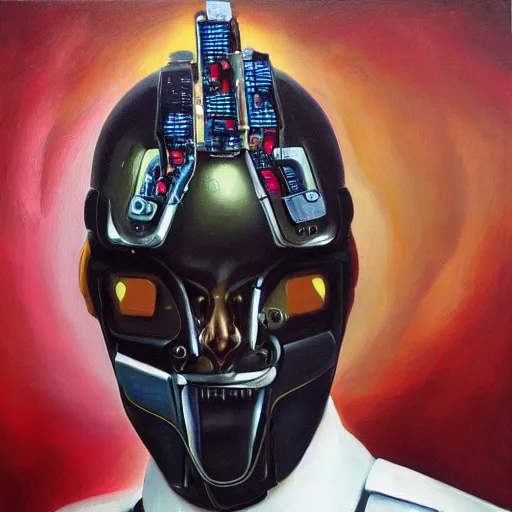 Image similar to a realistic oil painting of a black man as a cybernetic cyborg, surrealism portrait, surrealism album cover