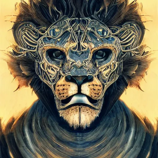 Image similar to Very very very very highly detailed epic photo of face with shocked lion venetian mask, intricate, dystopian, sci-fi, extremely detailed, digital painting, artstation, concept art, smooth, sharp focus, illustration, intimidating lighting, incredible art by Artgerm and Vincent di Fate