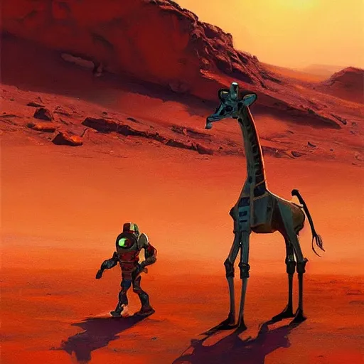 Image similar to a half robot giraffe walking on mars, trending on artstation, art by greg manchess, guangjian, detailed digital art, artstation hd