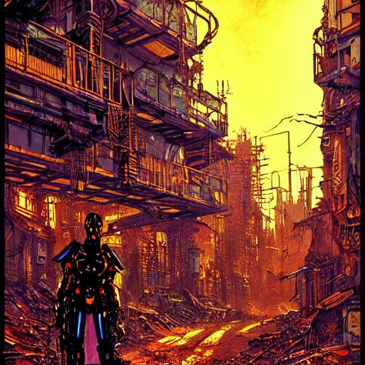 Image similar to cyberpunk knights in an alley of derelict tech, atmospheric lighting, painted, intricate, golden hour, ultra detailed by philippe druillet
