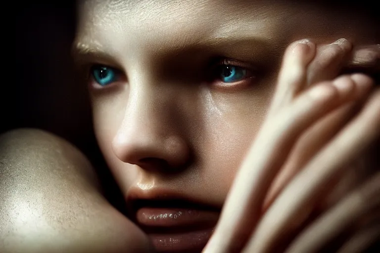 Image similar to an ultra realistic, cinematic, close up portrait, of a young woman, fire, dramatic, soft light, dreamy, facial features, stood in a cell, with prison clothing, detailed, deep focus, movie still, dramatic lighting, ray tracing, by michal karcz and yoshitaka and david cronenberg