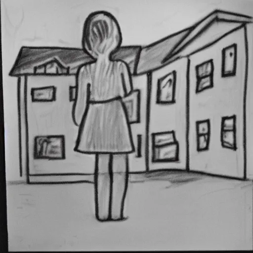 Image similar to a child\'s crayon drawing, showing a girl standing, holding hands of her monochrome transparent parents, looking at a building on fire, from behind, album cover
